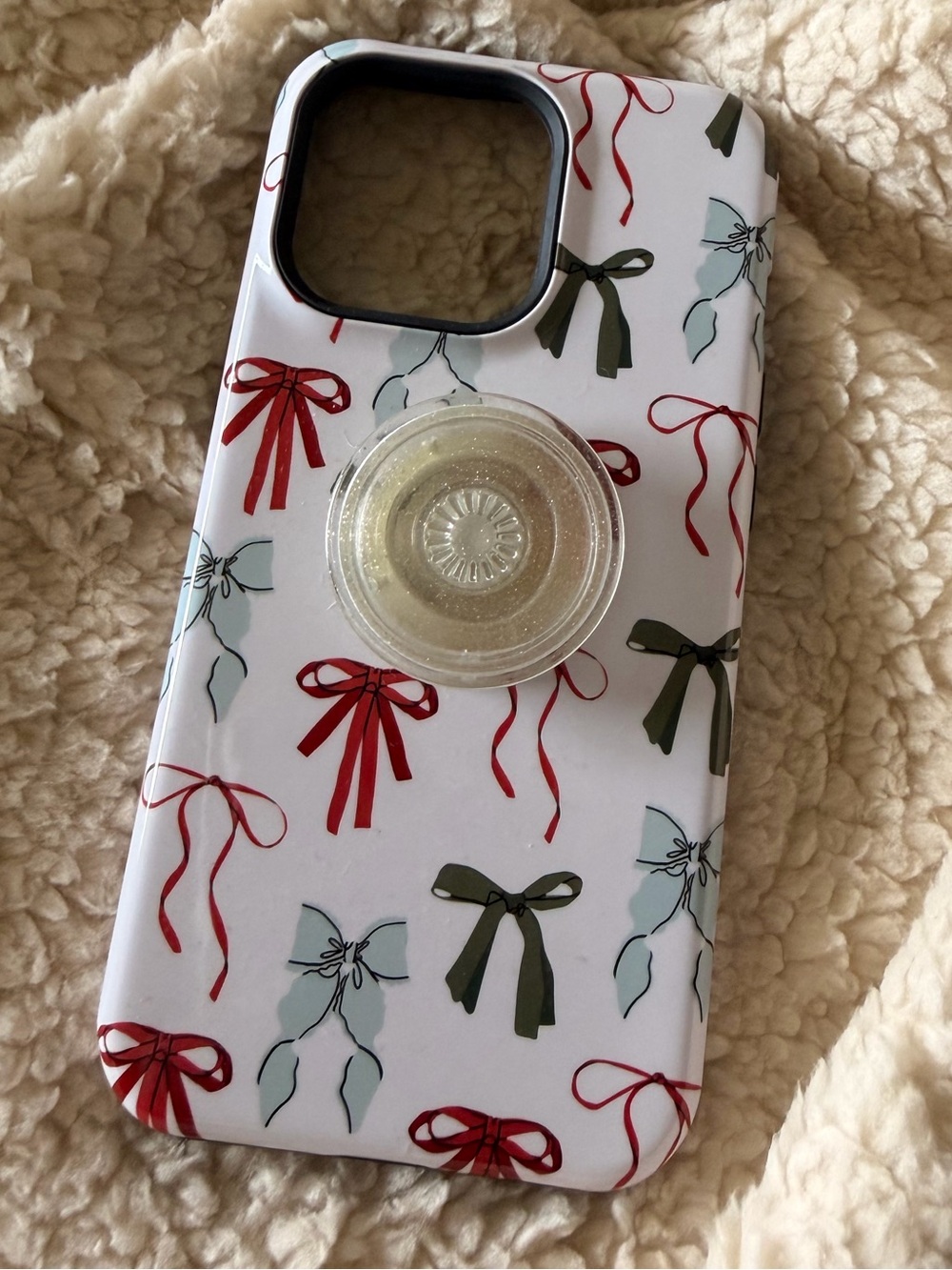 White Bow Pattern iPhone 13 Pro Case with Clear Glitter Pop Socket
